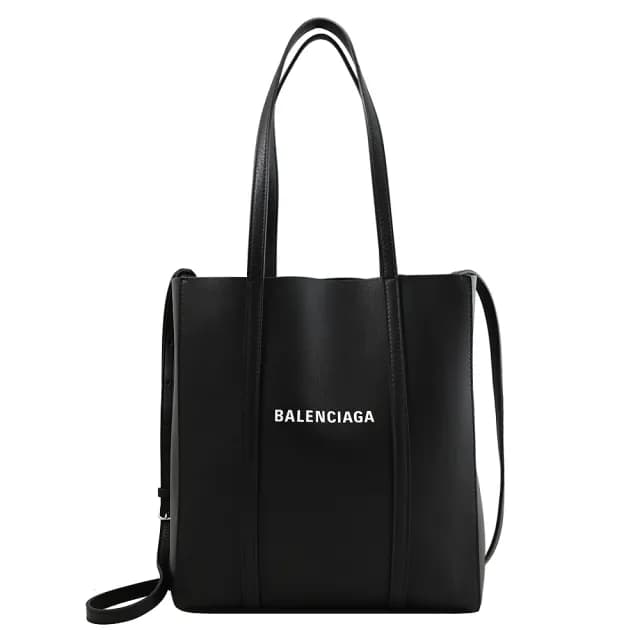 【Balenciaga 巴黎世家】EVERYDAY TOTE 簡約LOGO牛皮直式肩背包托特包兩用包(黑)