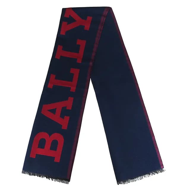 【BALLY】BALLY 經典字母標誌羊毛混紡圍巾(藍x紅)