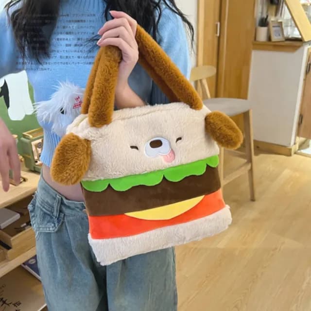 【可愛狗勾】父親節禮物 漢堡小狗毛絨手提袋(百搭 學生 購物袋 便當袋 拎包 手提袋 隨身包 小包 搭配)