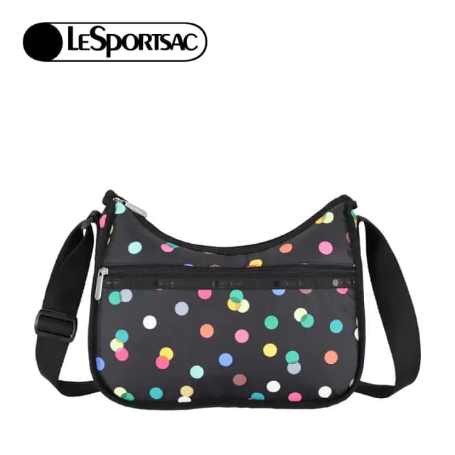 【Lesportsac】Classic Hobo 經典斜背包/ 圓點漂浮氣球 送禮 禮物(黑色)
