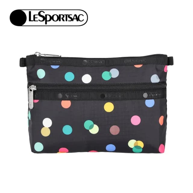 【Lesportsac】雙層拉鍊收納化妝包/ 圓點漂浮氣球 送禮 禮物(黑色)