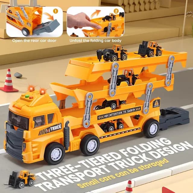 【CuteStone】兒童聲光卡車三層工程運輸車套裝玩具21件組(玩具車  生日玩具)