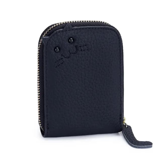 【達賀尊爵】頭層牛皮女士可愛小卡包新款時尚刺繡貓咪零錢包(卡套大容量多卡位)