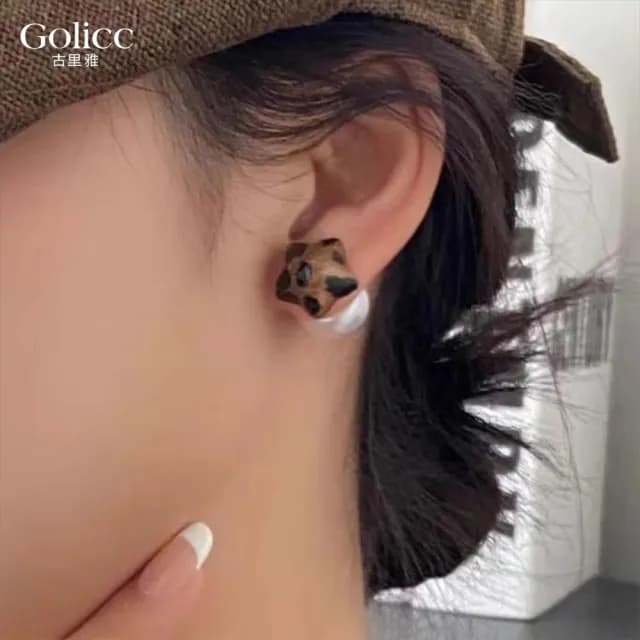 【Gulicc】豹紋 星星珍珠 雙面耳環(雙11 聖誕節 生日 飾品 耳釘 耳飾 耳墜 禮物)