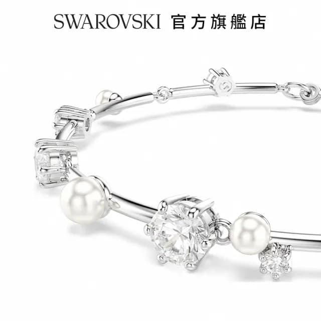 【SWAROVSKI 施華洛世奇】Constella Tennis 手鏈水晶珍珠圓形切割 白色 鍍白金色(情人節禮物)