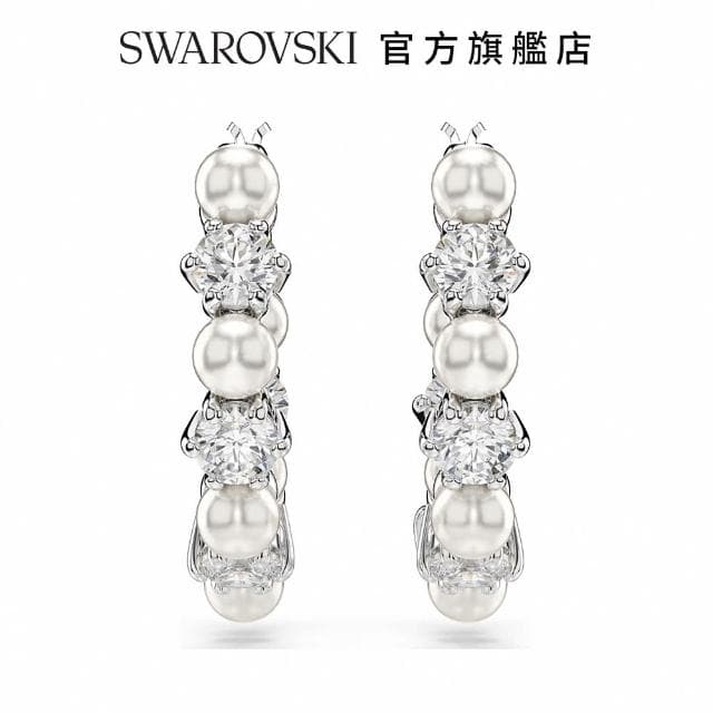 【SWAROVSKI 官方直營】Matrix 水滴形耳環水晶珍珠 圓形切割 白色 鍍白金色(情人節禮物 交換禮物)