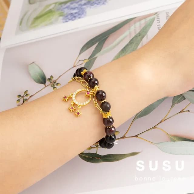 【SU SU】墨舞水晶手鍊(石榴石 黑曜石 事業運 招財 轉運 能量 防小人 送禮 推薦 韓系)