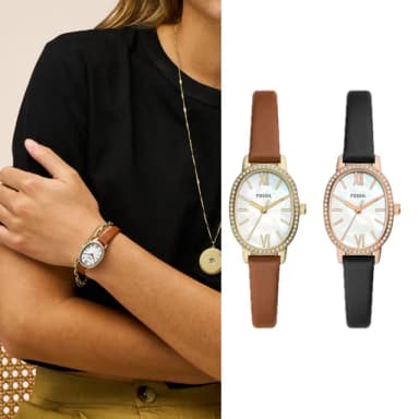 【FOSSIL 官方旗艦館】Penny系列 雅爵復古環鑽女錶 真皮錶帶手錶 23MM(2色可選)