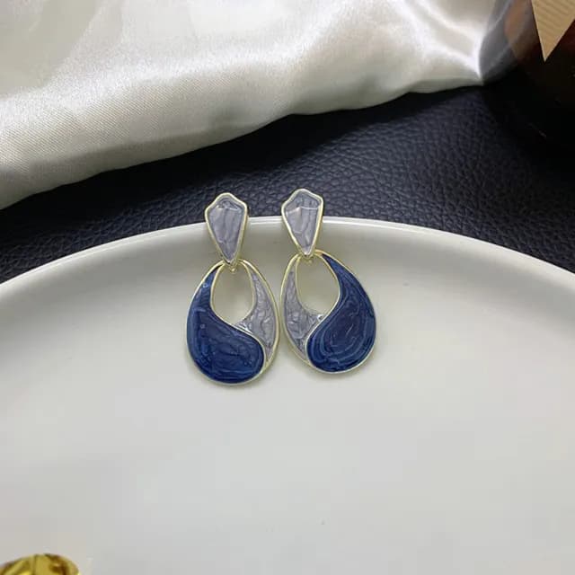 【INES】撞色耳環 彩釉耳環/韓國設計法式復古撞色彩釉幾何造型耳環(2色任選)