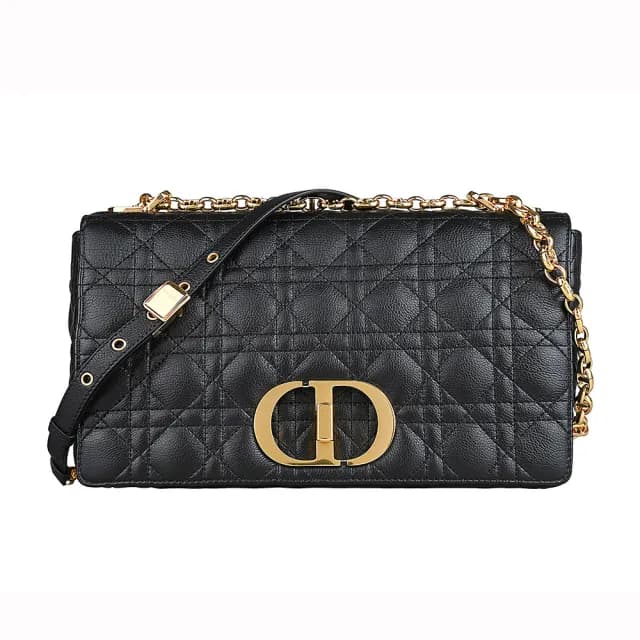 【Dior 迪奧】Dior Caro簍空立體CD字母LOGO條紋交叉縫線設計小牛皮旋釦翻蓋斜背包(黑)