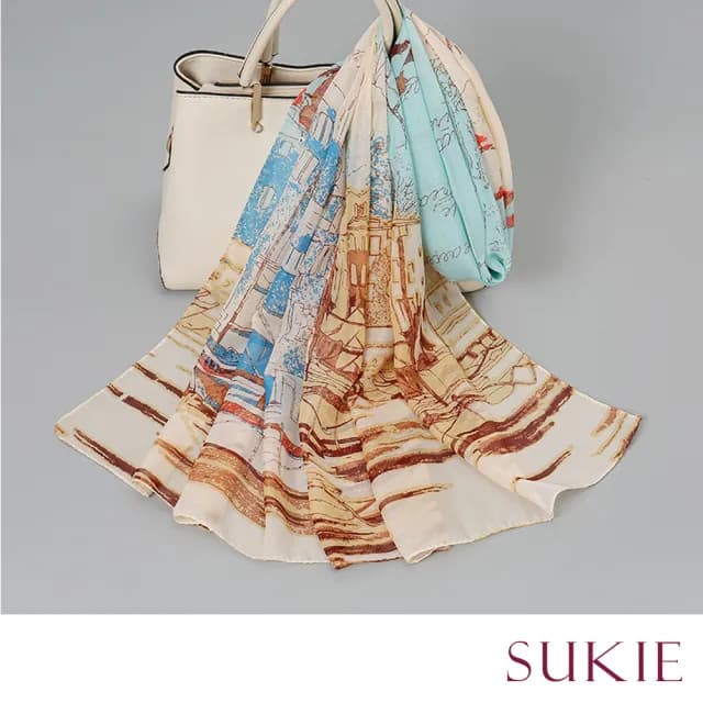 【Sukie】雪紡紗圍巾 印花圍巾/歐洲街頭彩繪印花50X150雪紡紗圍巾(5色任選)