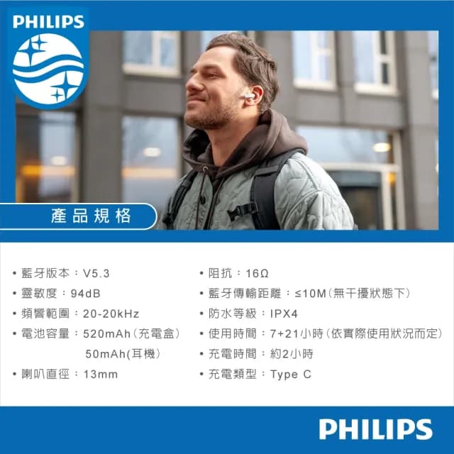 【Philips 飛利浦】長續航專業調音真無線藍牙耳機-TAT2139