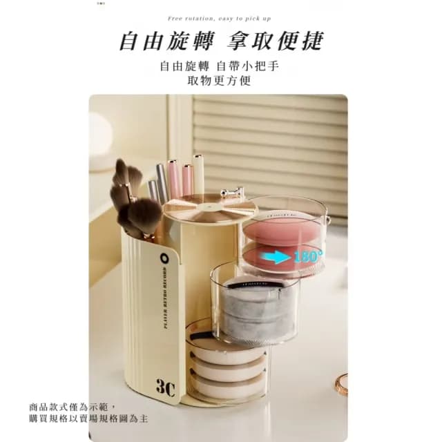 【透氣通風】粉撲旋轉化妝收納盒(收納架 桌面 整理盒 梳妝台 收納筒 刷具筒 文具筆刷 保養品 防塵 禮物)