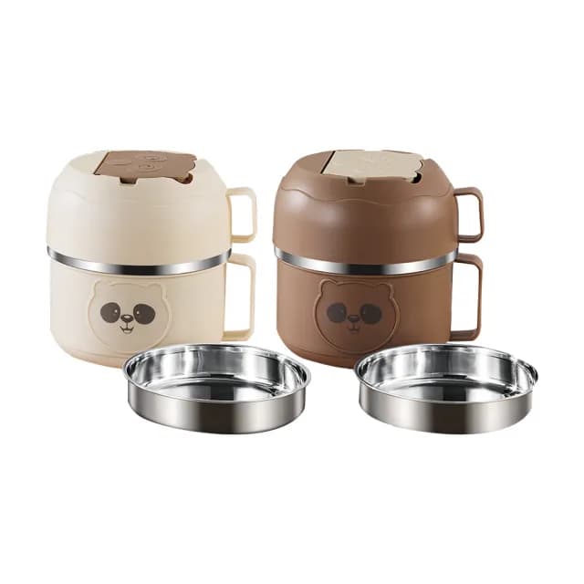 【Klova】小熊316不鏽鋼分層便當盒 大容量飯盒 泡面碗 湯碗 學生/上班族午餐盒(帶餐具+保溫袋 1800ml)