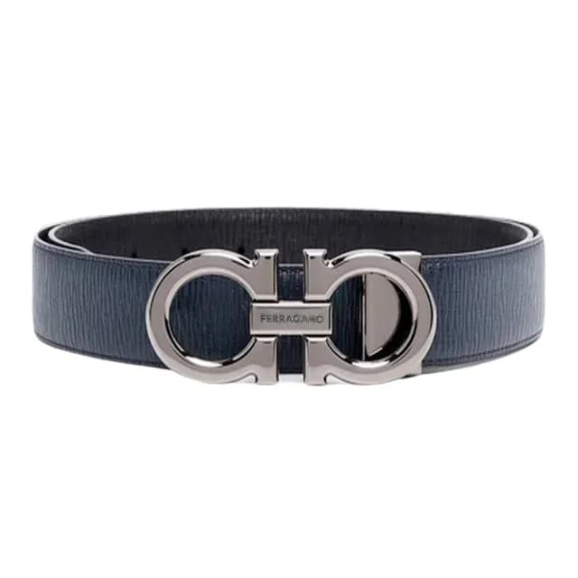 【Salvatore Ferragamo】679710 藍/黑 水波紋牛皮(雙面用皮帶 3.5cm/可剪裁)