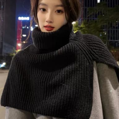 【BONum 博紐】淑女款粗毛線針織圍巾披肩斗篷(韓系 圍巾 披肩 斗篷 禦寒 氣質 典雅)
