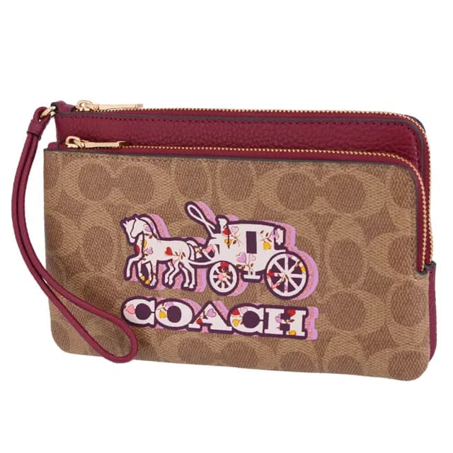 【COACH】限量 馬車LOGO 愛心印花 PVC拼接皮革 零錢包 雙層 大手拿包(老花卡其)