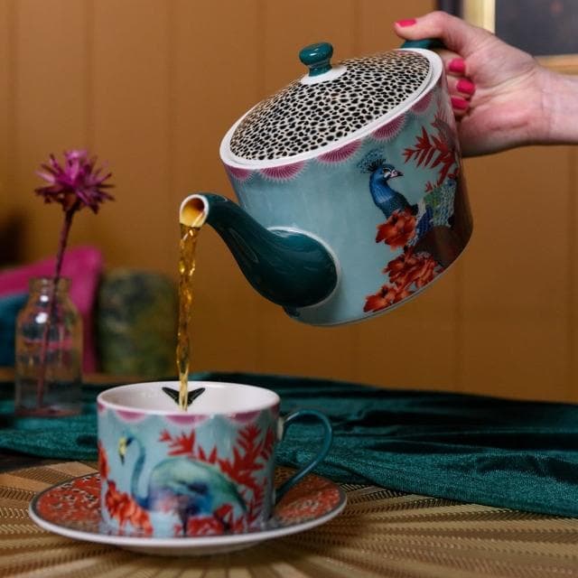 【MIKASA】SarahArnett瓷製彩繪濾茶壺 蝶舞孔雀1.1L / 茶具 泡茶壺 英式茶壺 下午茶