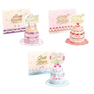 【可愛禮物】3D立體蛋糕生日賀卡3件組-附信封+緞帶(立體卡片 商務賀卡 祝福卡 小卡 情人節 留言 明信片)