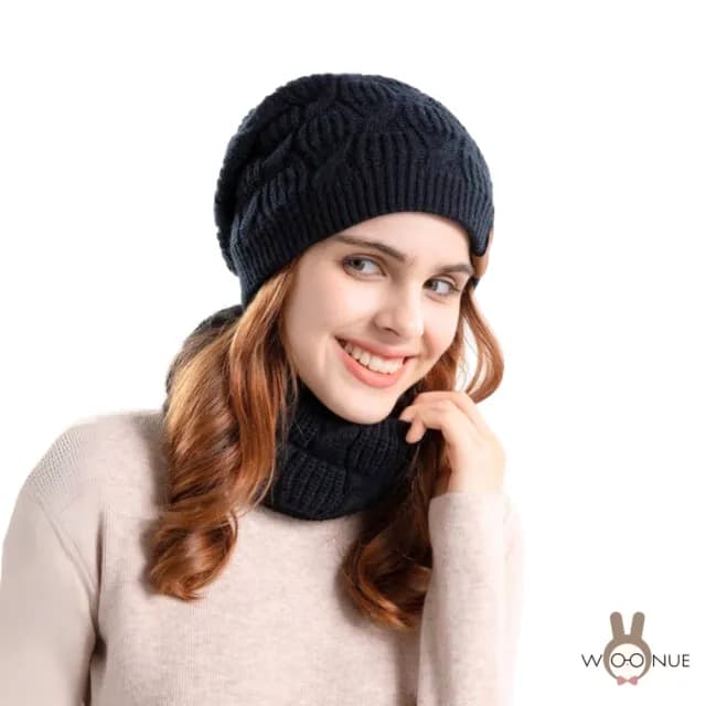 【WOONUE】秋冬專櫃發熱內裡加絨美麗諾羊毛混紡毛帽+圍脖圍巾(朋友女友情人母親媽媽奶奶新年生日禮物)