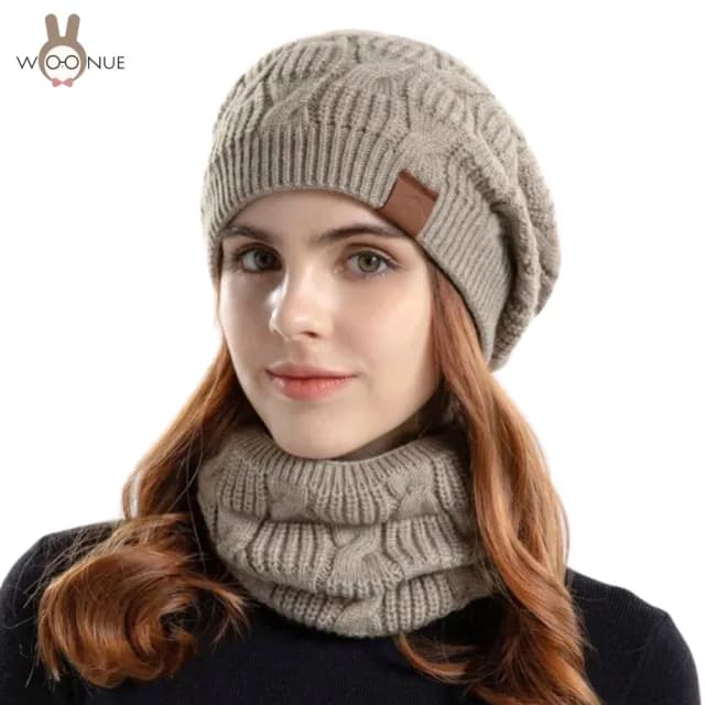 【WOONUE】秋冬專櫃發熱內裡加絨美麗諾羊毛混紡毛帽+圍脖圍巾(朋友女友情人母親媽媽奶奶新年生日禮物)