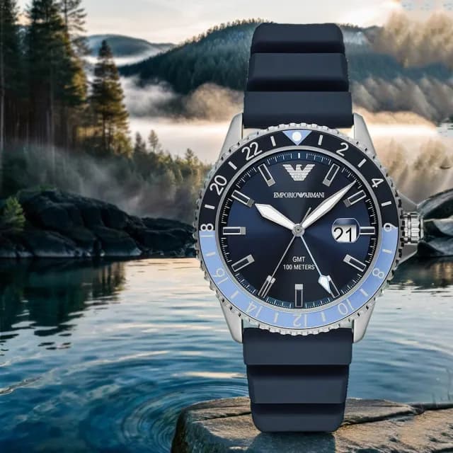 【EMPORIO ARMANI】亞曼尼 Diver 天空藍撞色GMT手錶-42mm 禮物 送禮 推薦(AR11592)