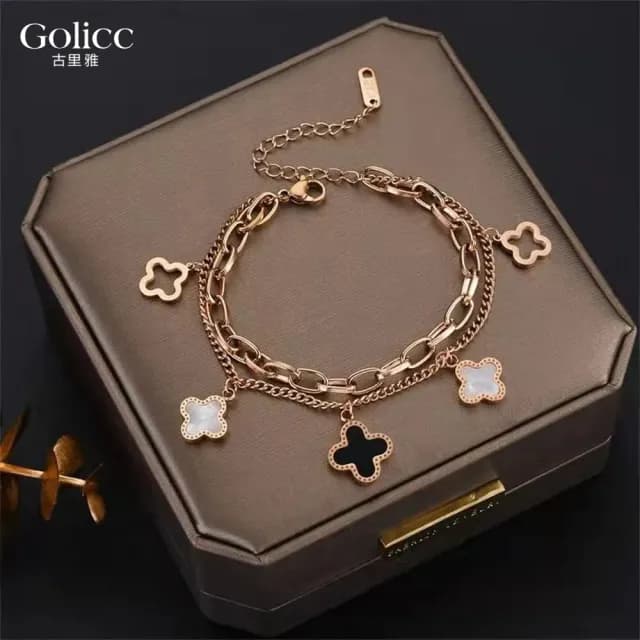 【Gulicc】鈦鋼 四葉草 輕奢 雙層手鍊(雙11 聖誕節 生日 手環 手繩 首飾 飾品 禮物)