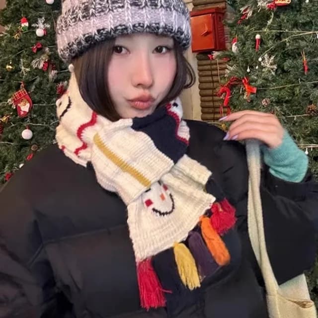 【LEESA】保暖圍巾\厚圍巾\圍巾\圍脖\編織圍巾\毛線圍巾\流蘇圍巾\細圍巾\交換禮物\白色圍