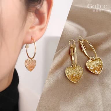 【Golicc】耳環 香檳色漸變水晶愛心(七夕 情人節 生日 飾品 耳釘 耳飾 耳墜 禮物)