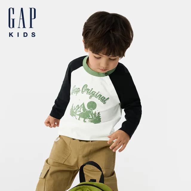 【GAP】兒童裝 Logo恐龍印花圓領長袖T恤-奶白色(674032)
