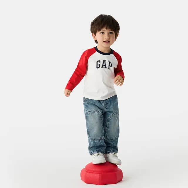 【GAP】兒童裝 Logo純棉印花圓領長袖T恤-紅色(687263)