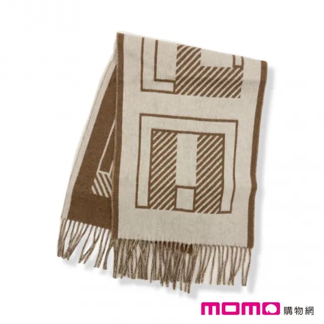 【Hermes 愛馬仕】羊絨圍巾 經典標誌圖案(棕色)