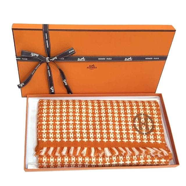 【Hermes 愛馬仕】H394814T 01 經典LOGO Graphique H系列針織羊毛圍巾(橘色)