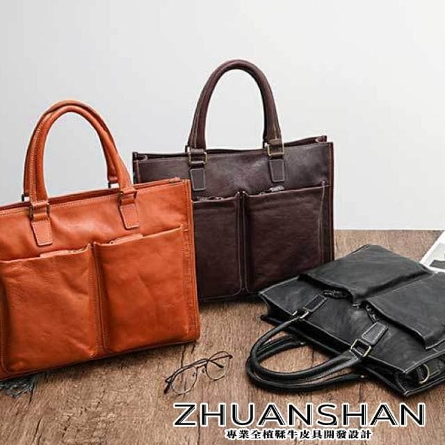 【ZHUANSHAN】母親節禮物 男女款植鞣牛皮商務公事包 手提包 肩背包(黑色／棕色／咖啡色)