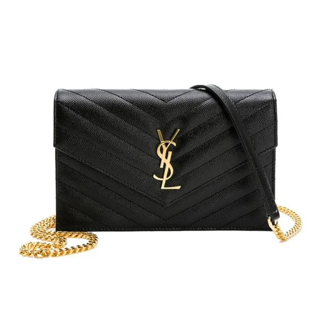 【YSL】MONOGRAM系列V字縫線金屬LOGO魚子醬牛皮WOC斜背手拿包（黑/金釦）