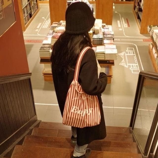 【LEEHER】條紋包/帆布包/大容量/托特包/手提包/肩背包/禮物/手提帆布包/環保購物袋/單肩帆布包/美式復古
