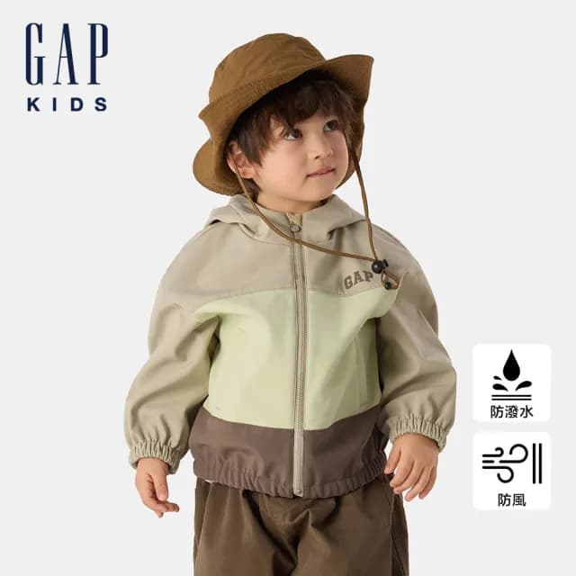 【GAP】男幼童裝 Logo印花防風防潑連帽外套-卡其色(759387)