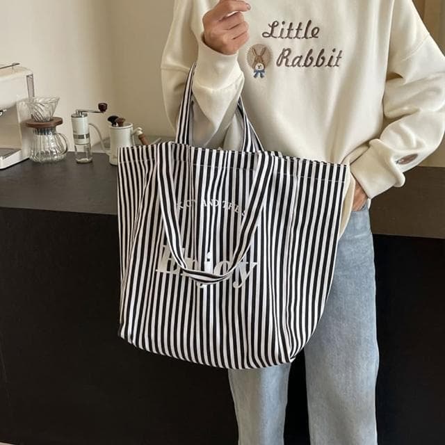 【LEESA】母親節禮物 字母帆布包\手提包\肩背包\條紋包\大容量\托特包\美式復古\手提帆布包\環保購物袋\單