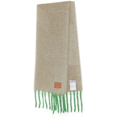 【LOEWE 羅威】Wool Mohair 羊毛與馬海毛混紡 圍巾 米色 綠色