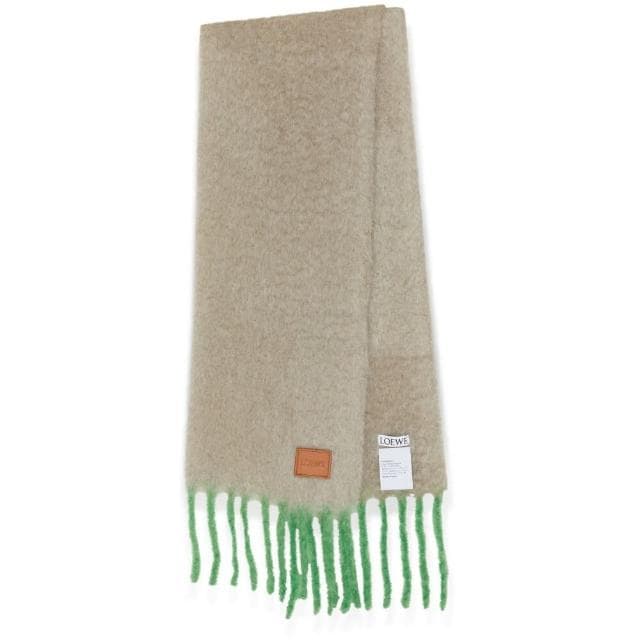 【LOEWE 羅威】Wool Mohair 羊毛與馬海毛混紡 圍巾 米色 綠色