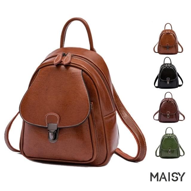 【MAISY】母親節禮物 復古油蠟牛皮後背包(現+預 綠色／黑色／土黃色／咖啡色)