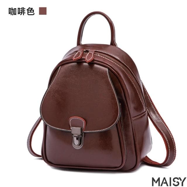 【MAISY】母親節禮物 復古油蠟牛皮後背包(現+預 綠色／黑色／土黃色／咖啡色)