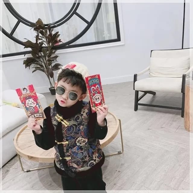 【橘魔法】龍鳳福字喜鶴毛毛領刺繡背心(大童 中國風 新年 過年 拜年 馬甲 唐裝 大紅 男童 女童 童裝 兒童)