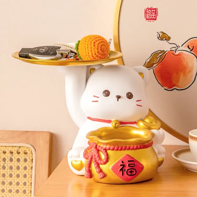 【居家佈置】福袋招財貓居家擺飾玄關收納架(桌面裝飾 首飾架 托盤 置物架 交換禮物 鑰匙盒 飾品架)