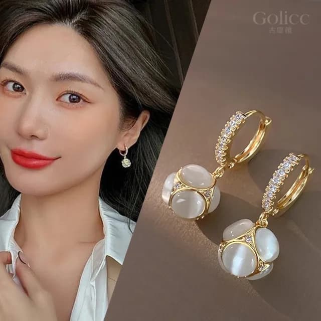【Golicc】耳環 貓眼石 精緻鑲鑽 耳飾(七夕 情人節 生日 飾品 耳釘 耳飾 耳墜 禮物)