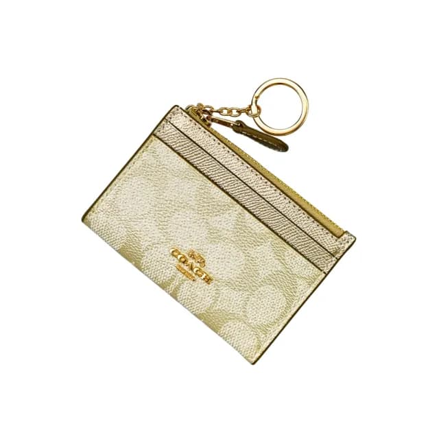 【COACH】Logo PVC前卡夾鑰匙零錢包(香檳金C)