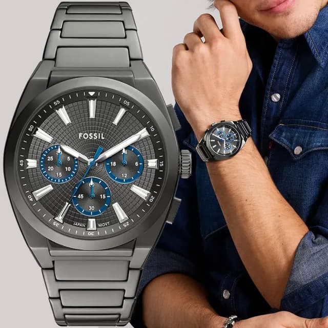 【FOSSIL】Everett 時尚三眼計時手錶-黑/44mm 禮物 送禮 推薦(FS6107)