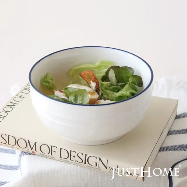 【Just Home】簡約純白藍邊陶瓷碗盤餐具組-27件(可微波 碗 碗盤 餐盤 泡麵碗 魚盤 送禮)
