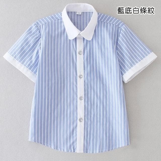【橘魔法】短袖 直條紋 純白水鑽扣短袖襯衫(攝影 表演服 短袖上衣 童裝 男童 大童 花童 兒童)