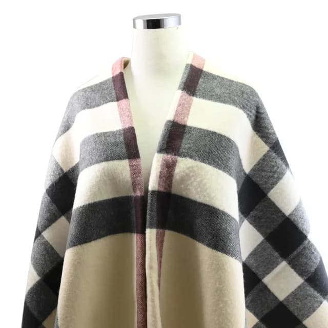 【BURBERRY 巴寶莉】英系經典格紋100%喀什米爾羊毛保暖披肩長圍巾/毛毯(米白)